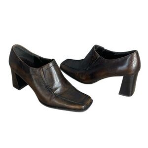 Vintage Y2K Square Toe Distressed Look Brown Leather Heels Chunky Rectangular 40